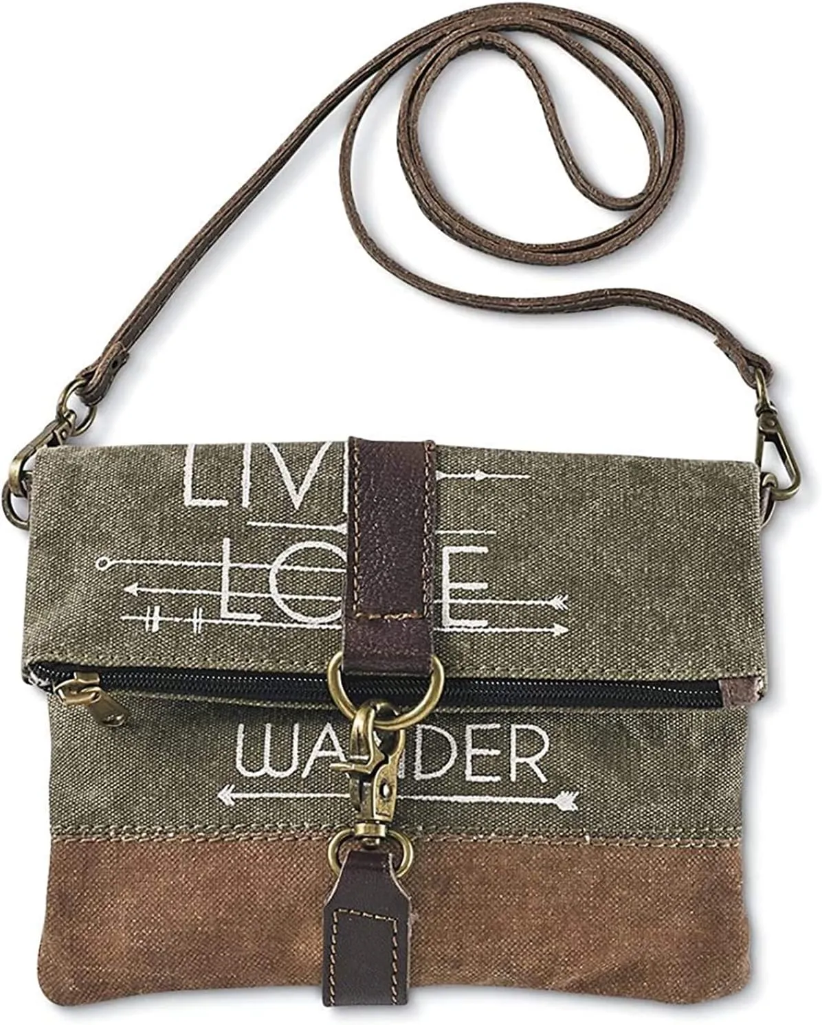SAGEFINDS Live Love Wander Upcycled Canvas Crossbody Bag | Earth Friendly Materials | Shoulder Purse | Small Clutch | Fold-Over Zip Top | 22” Detachable Strap