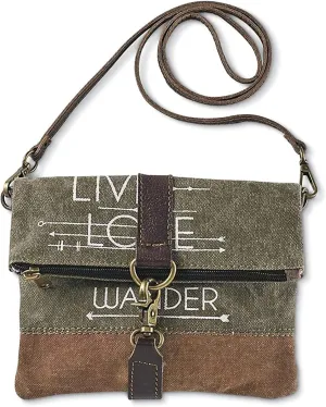 SAGEFINDS Live Love Wander Upcycled Canvas Crossbody Bag | Earth Friendly Materials | Shoulder Purse | Small Clutch | Fold-Over Zip Top | 22” Detachable Strap