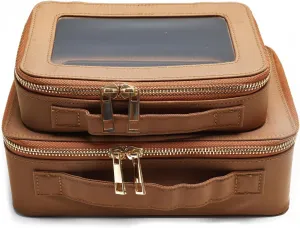 SANHECUN Cosmetic Case with Zipper TSA Approved Storage Box Travel Organizer Pouch Toiletry Portable Makeup Bag Cosmetic Set (2, Brown)
