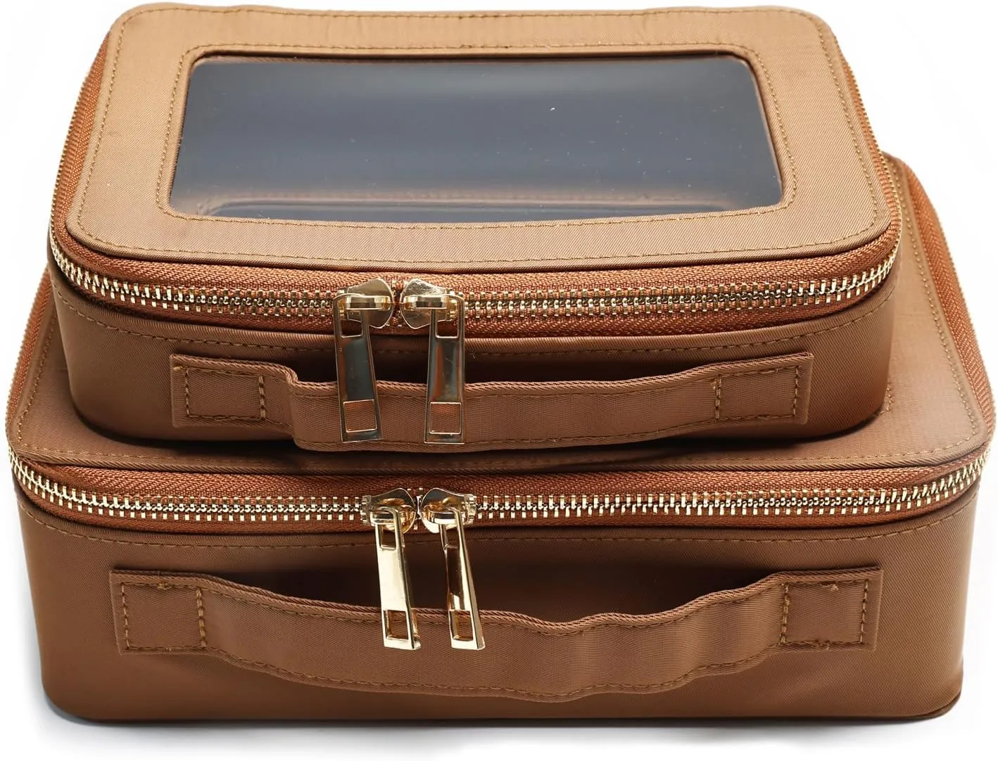 SANHECUN Cosmetic Case with Zipper TSA Approved Storage Box Travel Organizer Pouch Toiletry Portable Makeup Bag Cosmetic Set (2, Brown)