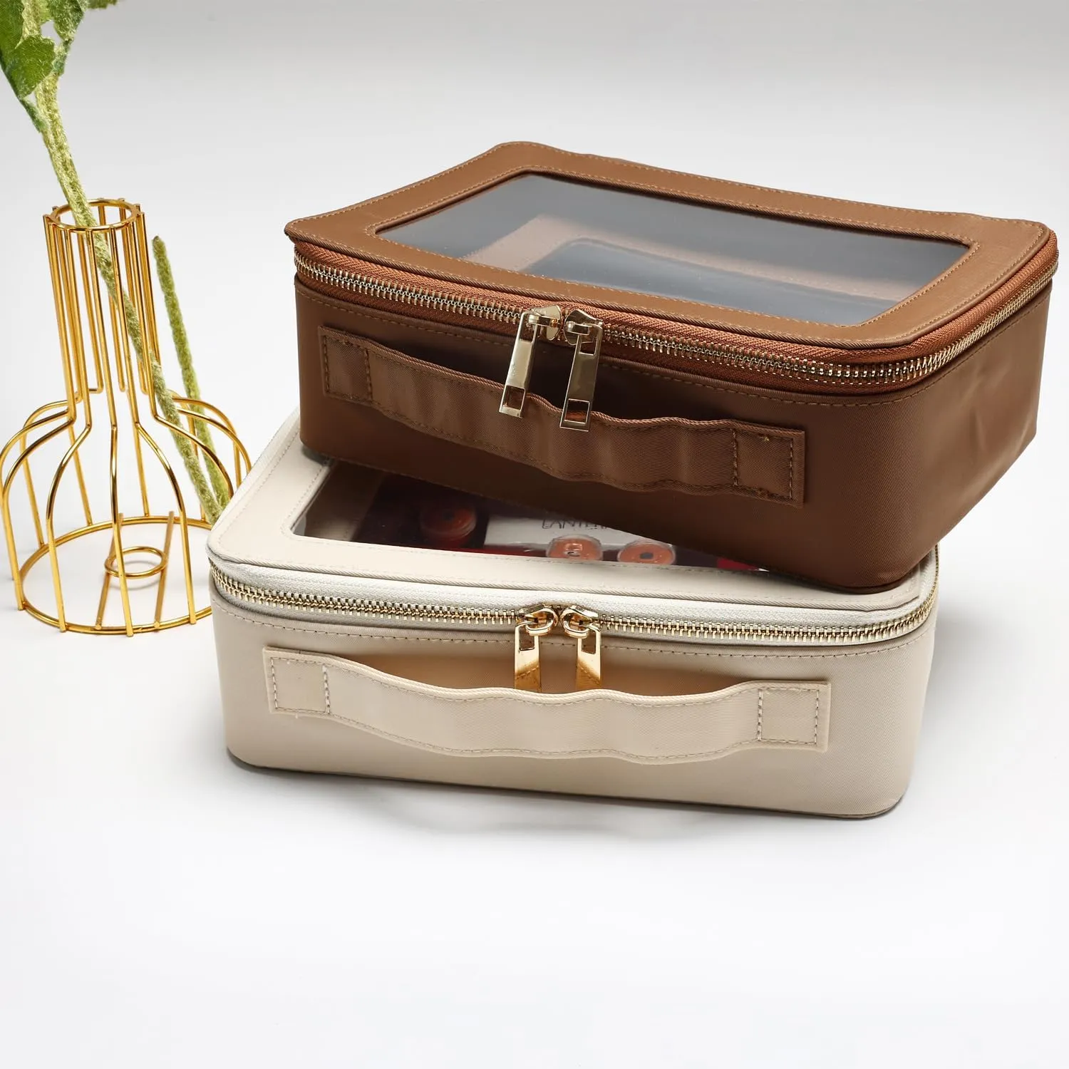 SANHECUN Cosmetic Case with Zipper TSA Approved Storage Box Travel Organizer Pouch Toiletry Portable Makeup Bag Cosmetic Set (2, Brown)