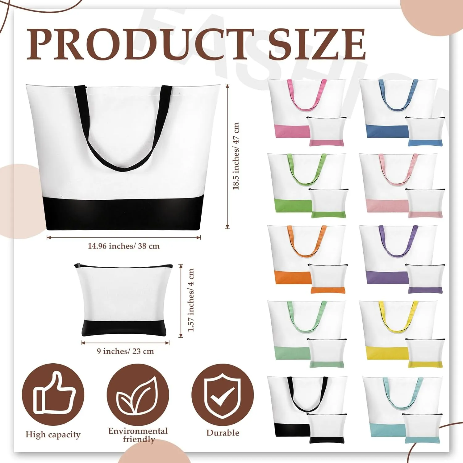 Sanwuta 20 Pcs Large Blank Canvas Tote Bags and Makeup Bags Blank Reusable Grocery Luggage Canvas Tote with Handles(10 Light Colors)
