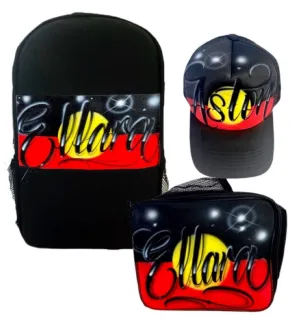 Script Aboriginal Flag Style - Custom Combo (AB) 1x Backpack, 1x Lunchbox, 1x Trucker Cap