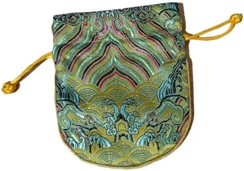 Seawater Chinese Silk Brocade Drawstring Jewelry Bags with lined Satin Cloth Gift Pouches Wholesale size 4.92 x 5.9 inch (gold (10pcs))