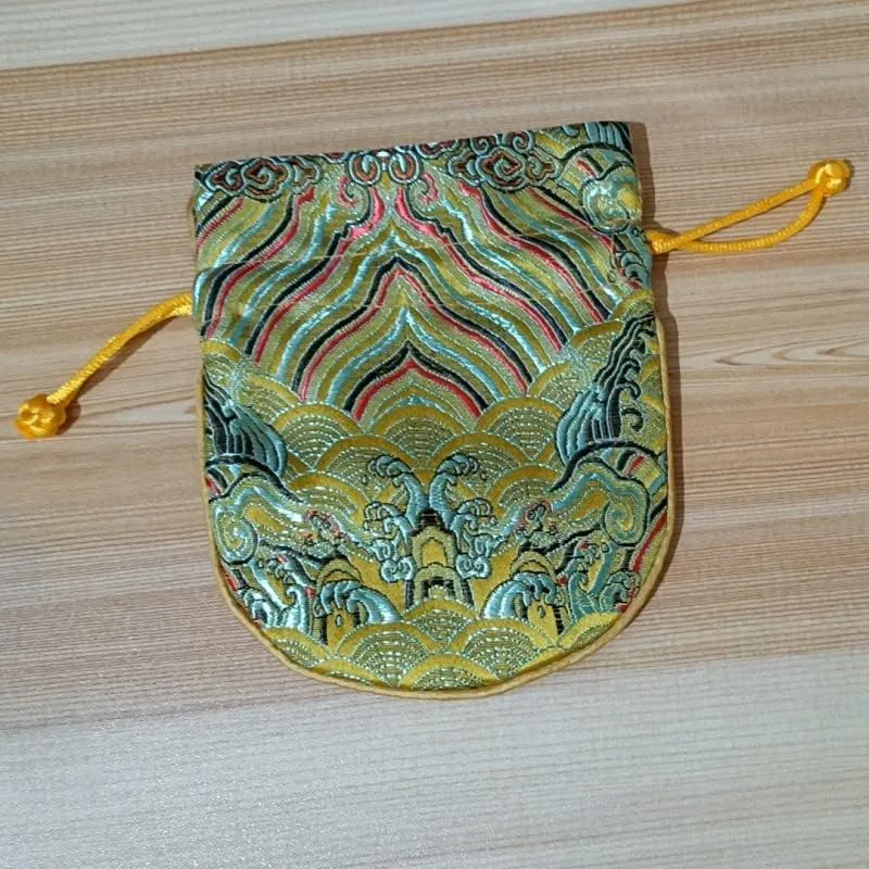 Seawater Chinese Silk Brocade Drawstring Jewelry Bags with lined Satin Cloth Gift Pouches Wholesale size 4.92 x 5.9 inch (gold (10pcs))