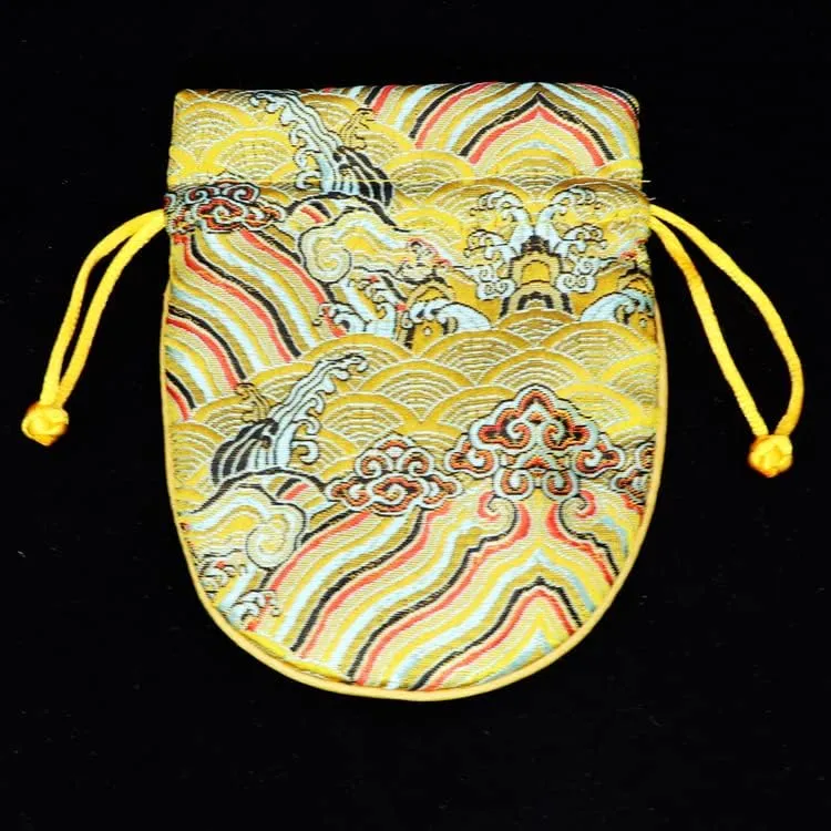 Seawater Chinese Silk Brocade Drawstring Jewelry Bags with lined Satin Cloth Gift Pouches Wholesale size 4.92 x 5.9 inch (gold (10pcs))