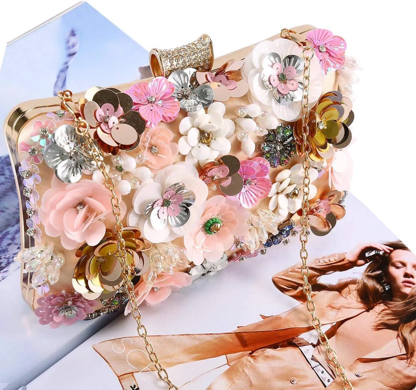 Selighting Colorful Flower Clutch Purse for Women Formal Evening Bag Beaded Pearl Purse for Wedding Prom Party Handbags