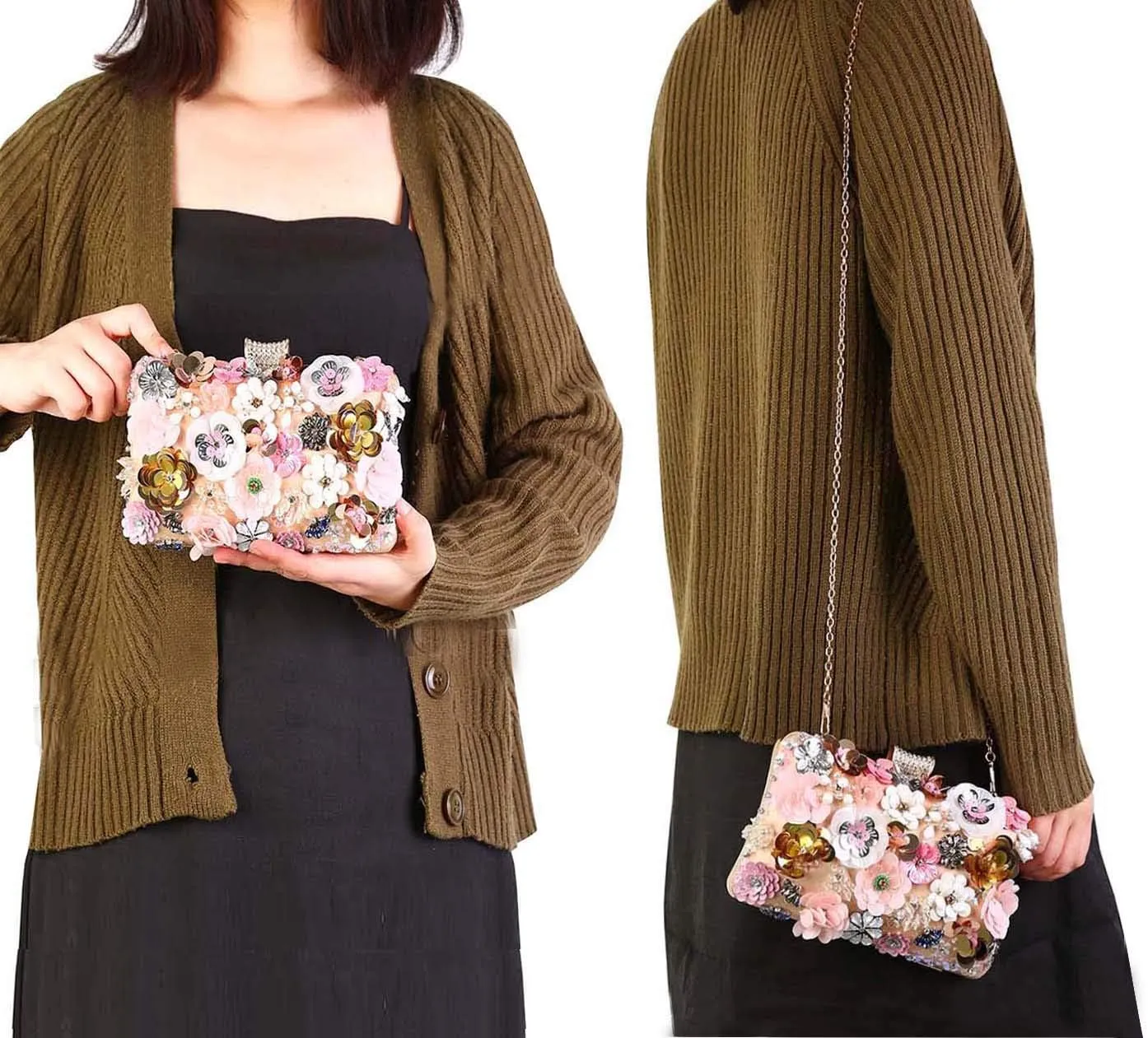 Selighting Colorful Flower Clutch Purse for Women Formal Evening Bag Beaded Pearl Purse for Wedding Prom Party Handbags