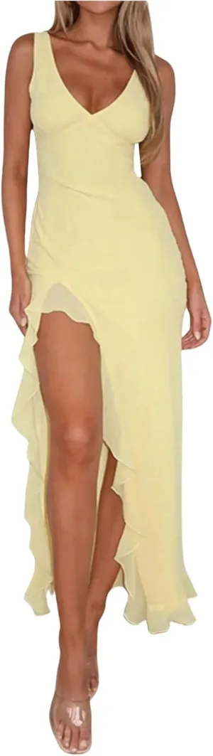 SHENHE Women's Sexy V Neck Ruffle High Slit Sleeveless Bodycon Maxi Party Prom Long Dress