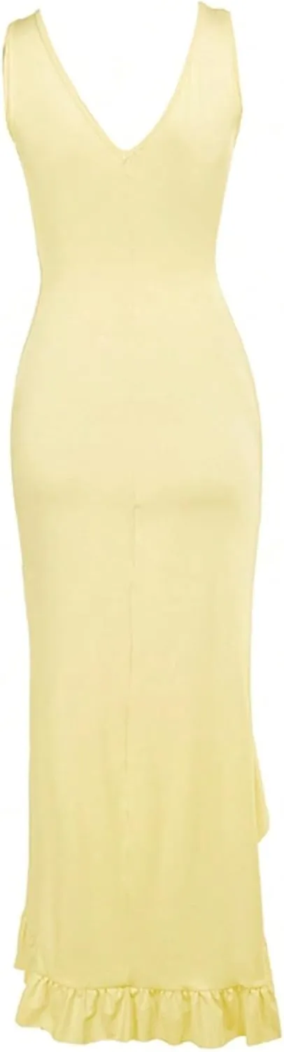 SHENHE Women's Sexy V Neck Ruffle High Slit Sleeveless Bodycon Maxi Party Prom Long Dress