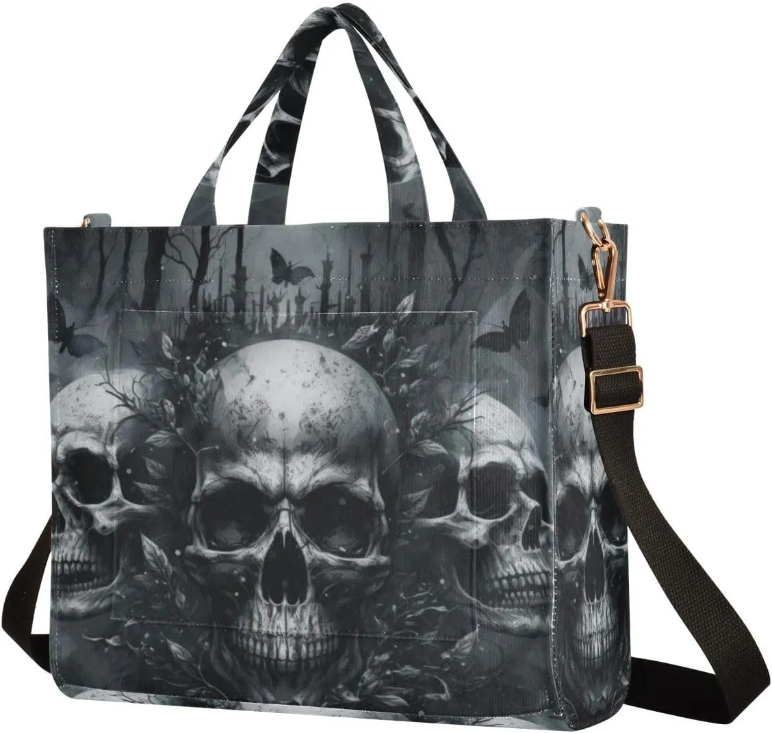 Shoulder Handbags for Women Three Skulls Print, Corduroy Tote Bag Large Capacity Small Size