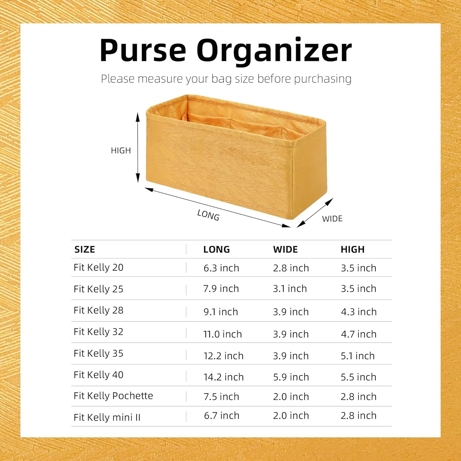 Silk Purse Organizer Insert for Kelly Bags, Lightweight Kelly Pochette Bag Insert Liner, Luxury Handbag Tote Shaper, Large Capacity Inner Bag (Kelly Pochette,Amber Yellow)