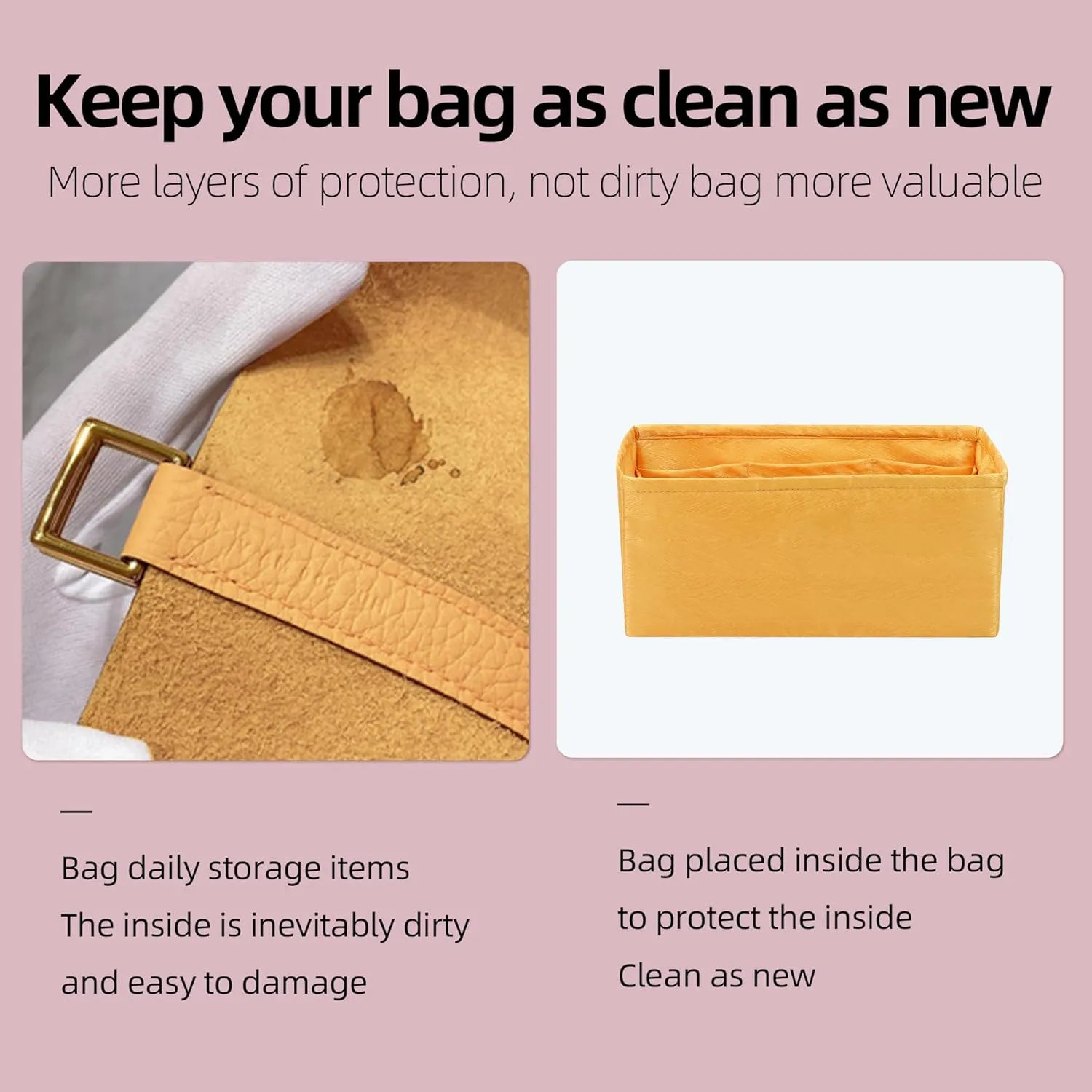 Silk Purse Organizer Insert for Kelly Bags, Lightweight Kelly Pochette Bag Insert Liner, Luxury Handbag Tote Shaper, Large Capacity Inner Bag (Kelly Pochette,Amber Yellow)