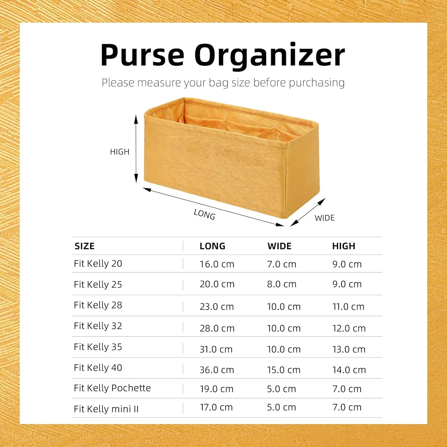 Silk Purse Organizer Insert for Kelly Bags, Lightweight Kelly Pochette Bag Insert Liner, Luxury Handbag Tote Shaper, Large Capacity Inner Bag (Kelly Pochette,Amber Yellow)