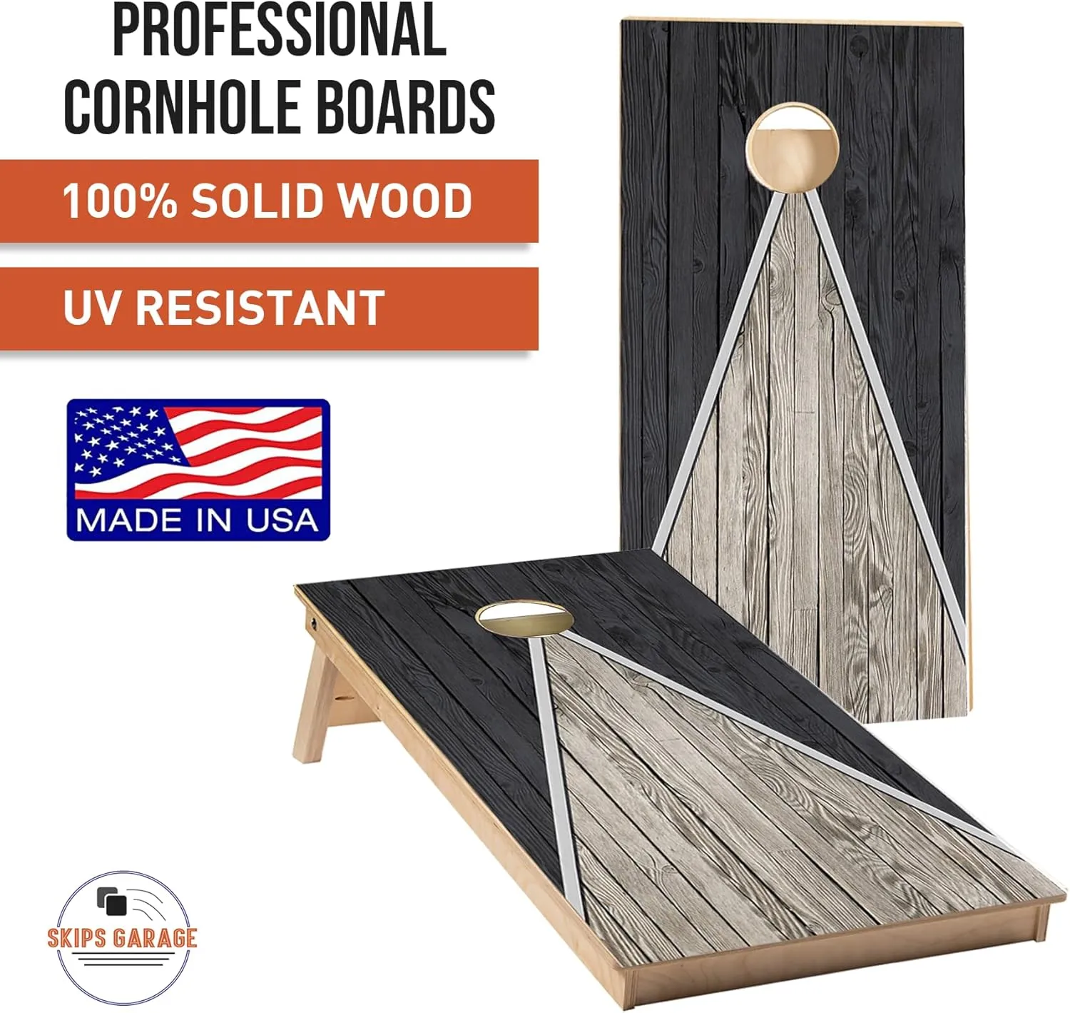 Skip's Garage Solid Wood Cornhole Board Set | Country Living Angled Plank Design | ACA Regulation Size Outdoor Corn Hole Boards with Bags