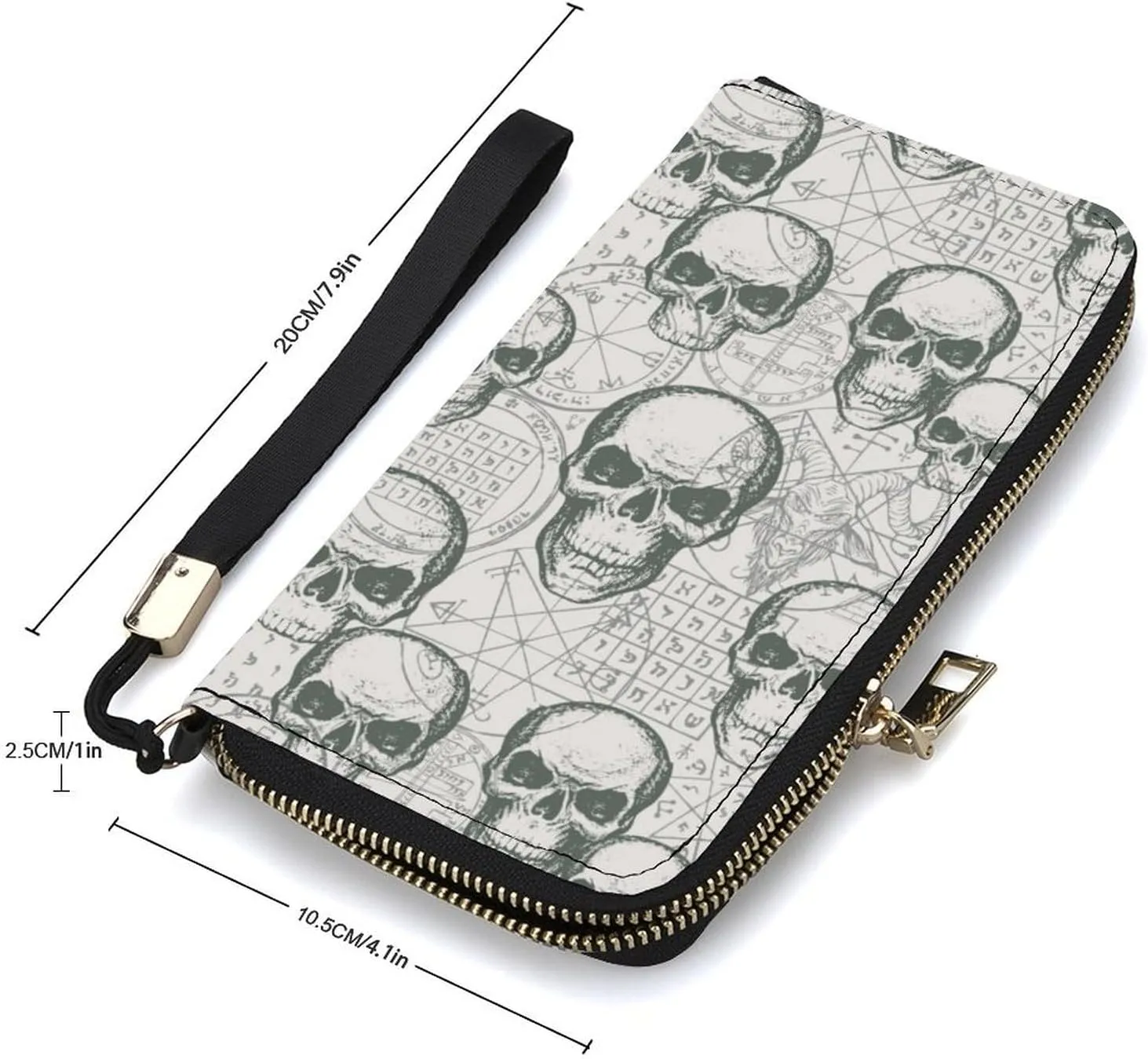 Skull on Occult Theme Women's Leather Long Large Capacity Wallet Clutch Wallet with Hand Strap