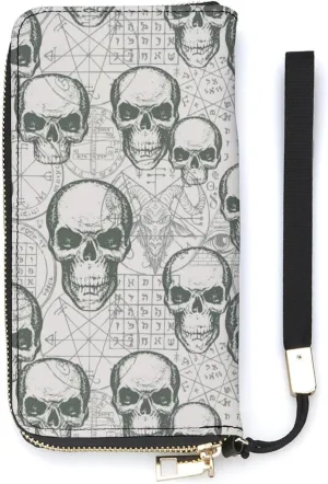 Skull on Occult Theme Women's Leather Long Large Capacity Wallet Clutch Wallet with Hand Strap