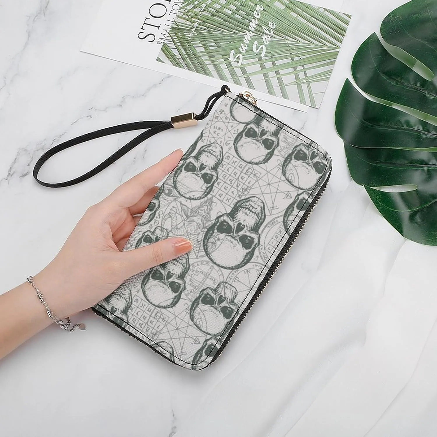 Skull on Occult Theme Women's Leather Long Large Capacity Wallet Clutch Wallet with Hand Strap