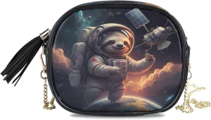 Sloth Satellite Earth Crossbody Bags for Women Small Purses Crossbody Bag Leather Purse Handbags with Detachable Chain Clutch Purses Cell Phone Purse Evening Bag