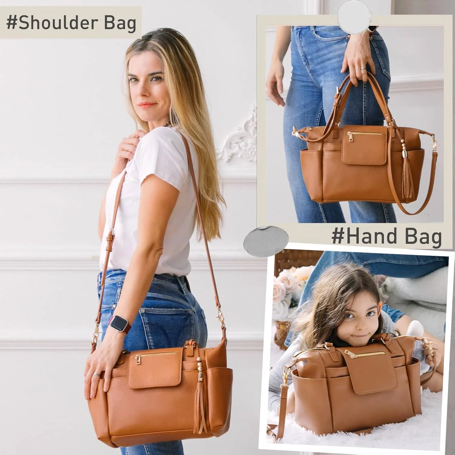 Small Diaper Bag,Mini Diaper Bag Tote, Leather Crossbody Diaper Bag Clutch with 12 Pocekts Diaper Bag Purses for Women Girls,Crossbody Strap,2 Insulated Pockets,Brown