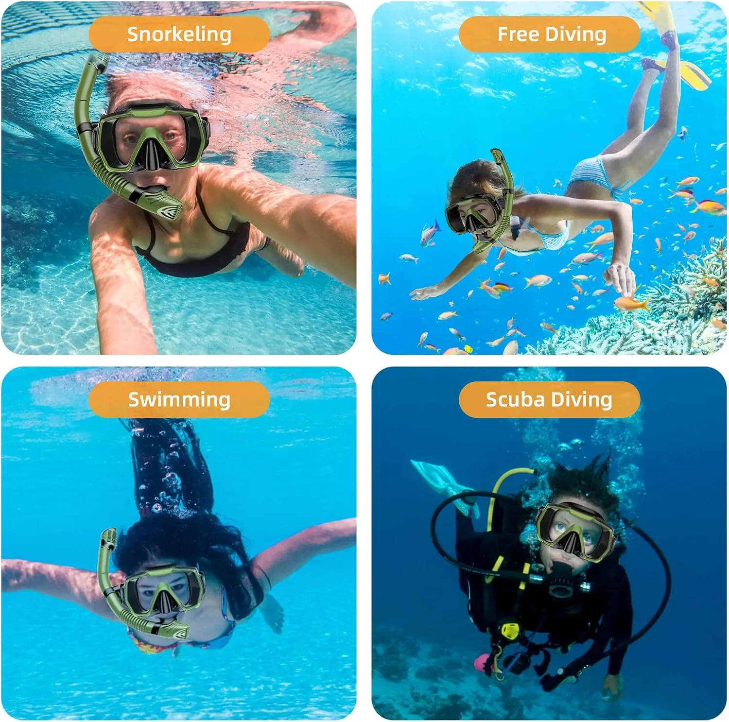 Snorkel Set Adults Snorkeling Gear Anti-Leak and Anti-Fog Tempered Glass Lens Panoramic View Swim Mask Dry Top Snorkel Kit for Snorkeling Scuba Diving Swimming Travel with Carry Bag