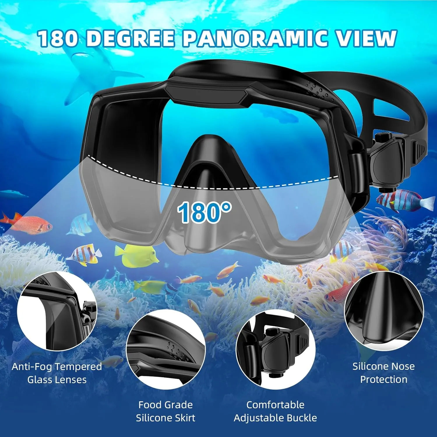 Snorkel Set Adults Snorkeling Gear Anti-Leak and Anti-Fog Tempered Glass Lens Panoramic View Swim Mask Dry Top Snorkel Kit for Snorkeling Scuba Diving Swimming Travel with Carry Bag