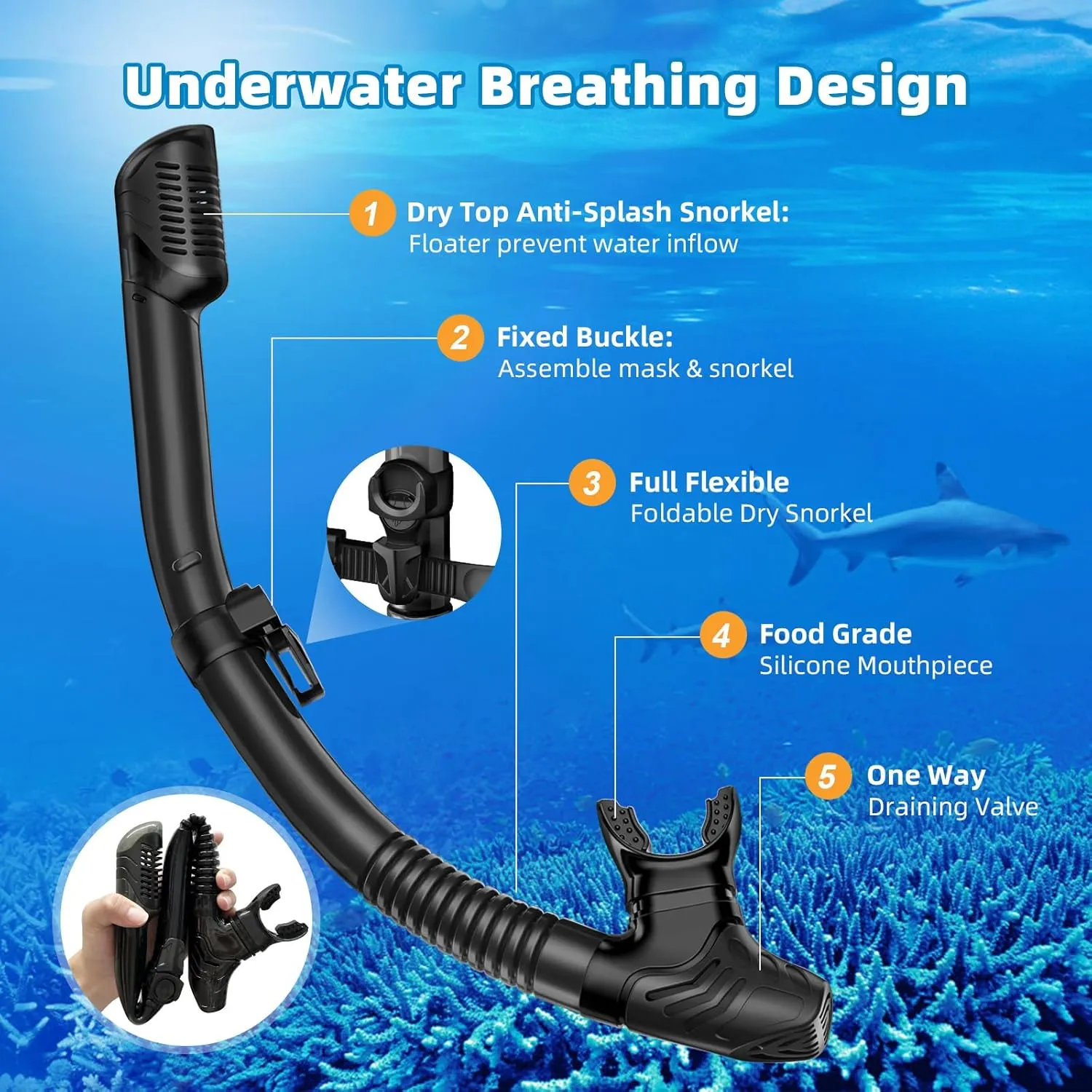 Snorkel Set Adults Snorkeling Gear Anti-Leak and Anti-Fog Tempered Glass Lens Panoramic View Swim Mask Dry Top Snorkel Kit for Snorkeling Scuba Diving Swimming Travel with Carry Bag