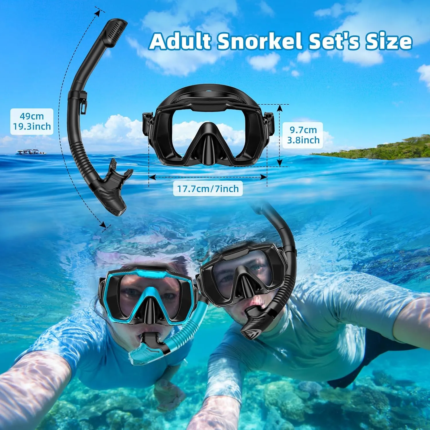 Snorkel Set Adults Snorkeling Gear Anti-Leak and Anti-Fog Tempered Glass Lens Panoramic View Swim Mask Dry Top Snorkel Kit for Snorkeling Scuba Diving Swimming Travel with Carry Bag