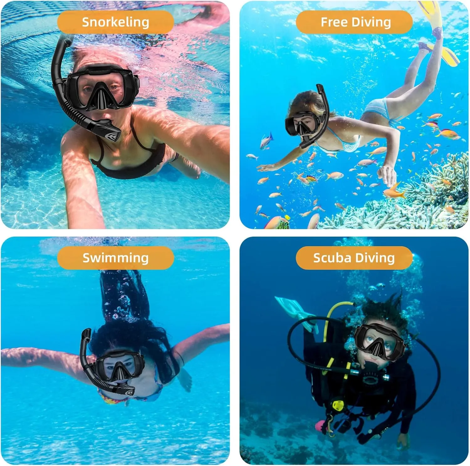 Snorkel Set Adults Snorkeling Gear Anti-Leak and Anti-Fog Tempered Glass Lens Panoramic View Swim Mask Dry Top Snorkel Kit for Snorkeling Scuba Diving Swimming Travel with Carry Bag