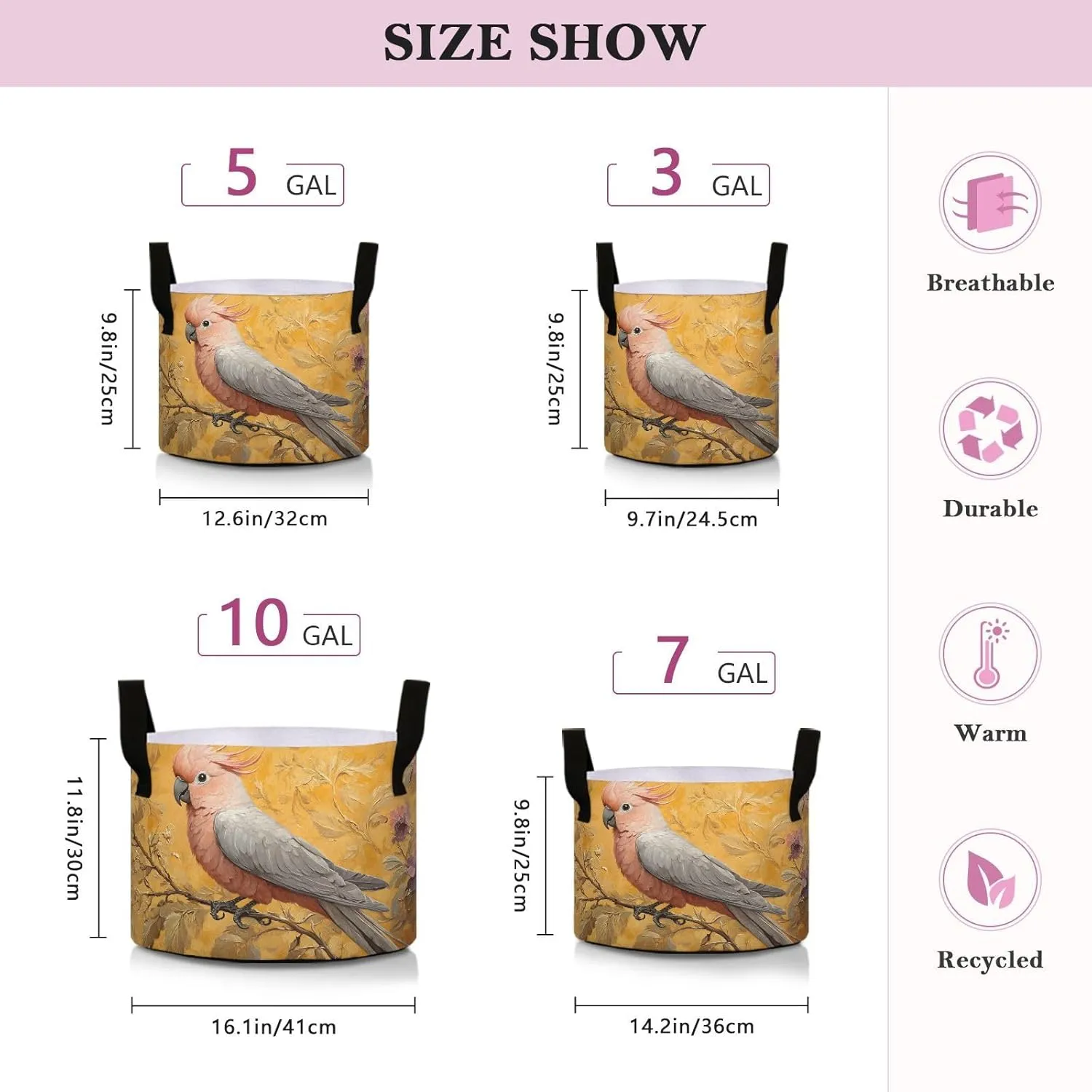 Soft Plant Grow Bags-Portrait Elegant Parrot, 7 Gallon Planting Pots Thickened for Gardening