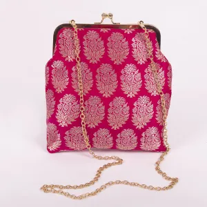 Sona Rupa Buta Strawberry Pink Banarasi Handwoven Silk Clutch