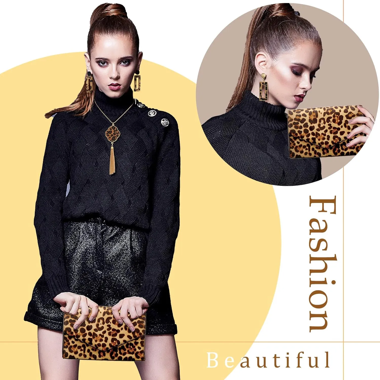 Sotiff 5 Pcs Women Leopard Purse Leopard Jewelry Set Necklaces Clutch Earring Leather Wrap Bracelets Long Tassel Pendant