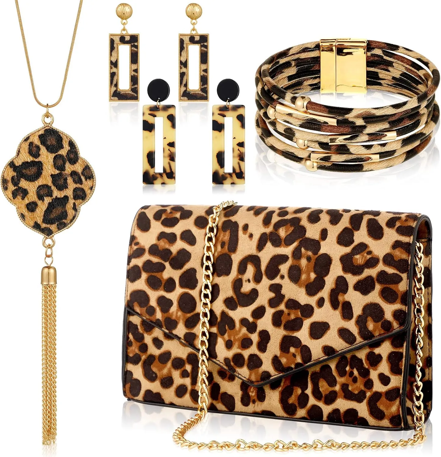Sotiff 5 Pcs Women Leopard Purse Leopard Jewelry Set Necklaces Clutch Earring Leather Wrap Bracelets Long Tassel Pendant