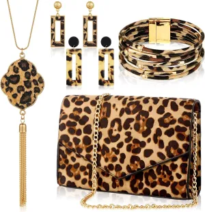 Sotiff 5 Pcs Women Leopard Purse Leopard Jewelry Set Necklaces Clutch Earring Leather Wrap Bracelets Long Tassel Pendant