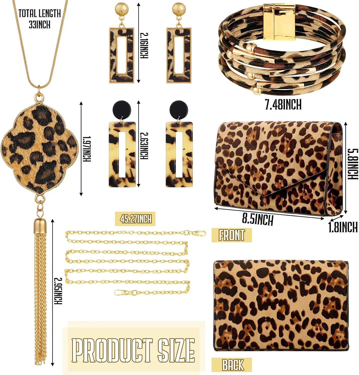 Sotiff 5 Pcs Women Leopard Purse Leopard Jewelry Set Necklaces Clutch Earring Leather Wrap Bracelets Long Tassel Pendant