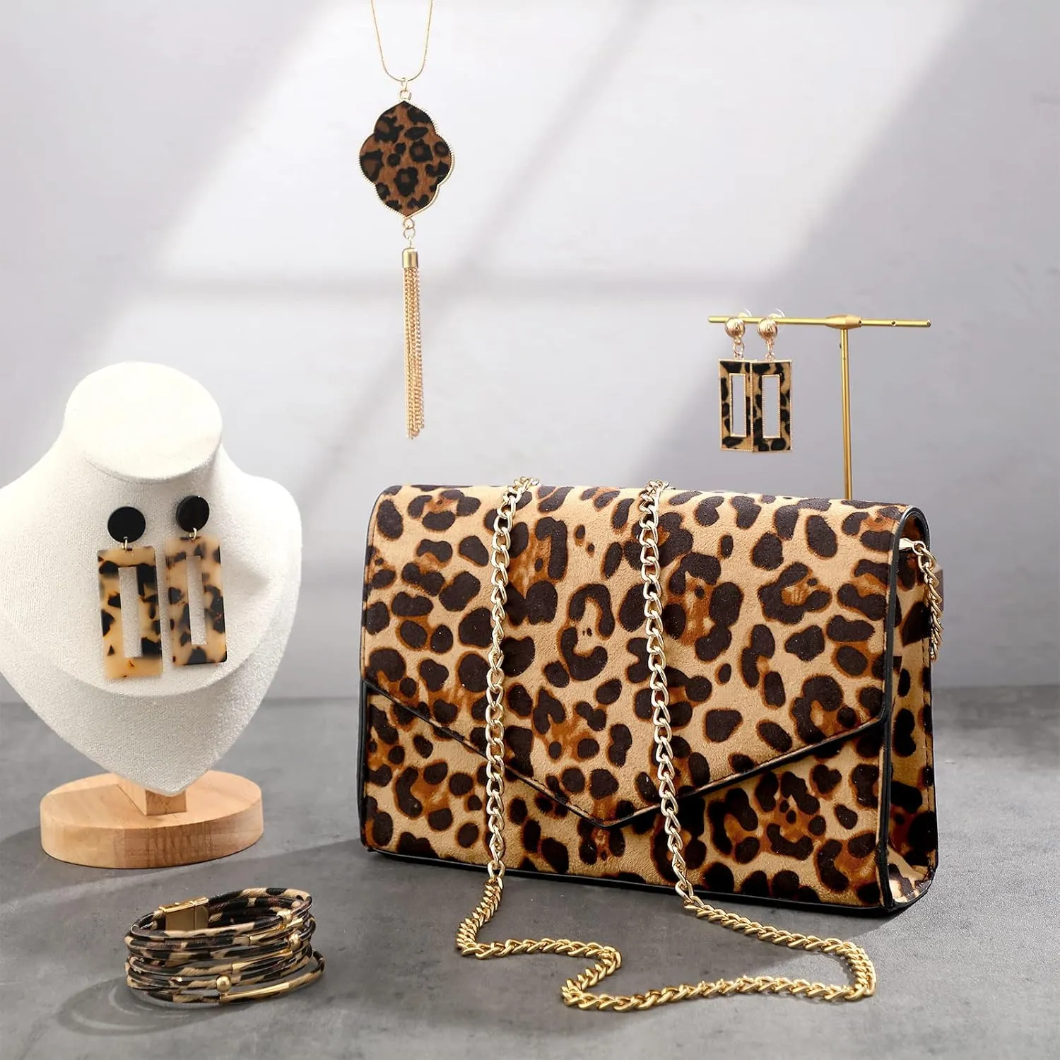 Sotiff 5 Pcs Women Leopard Purse Leopard Jewelry Set Necklaces Clutch Earring Leather Wrap Bracelets Long Tassel Pendant