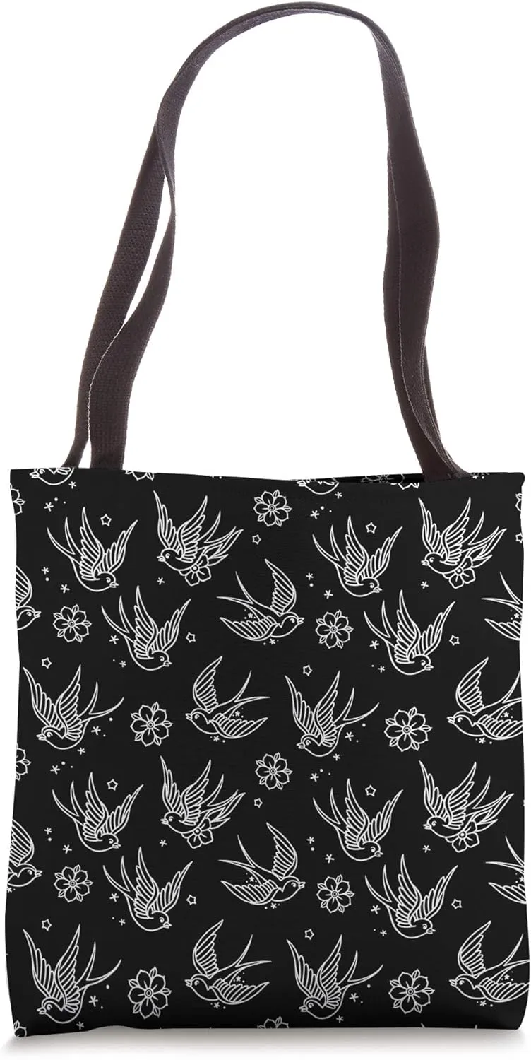 Sparrows and flowers American Traditional Tattoo Flash Print Tote Bag