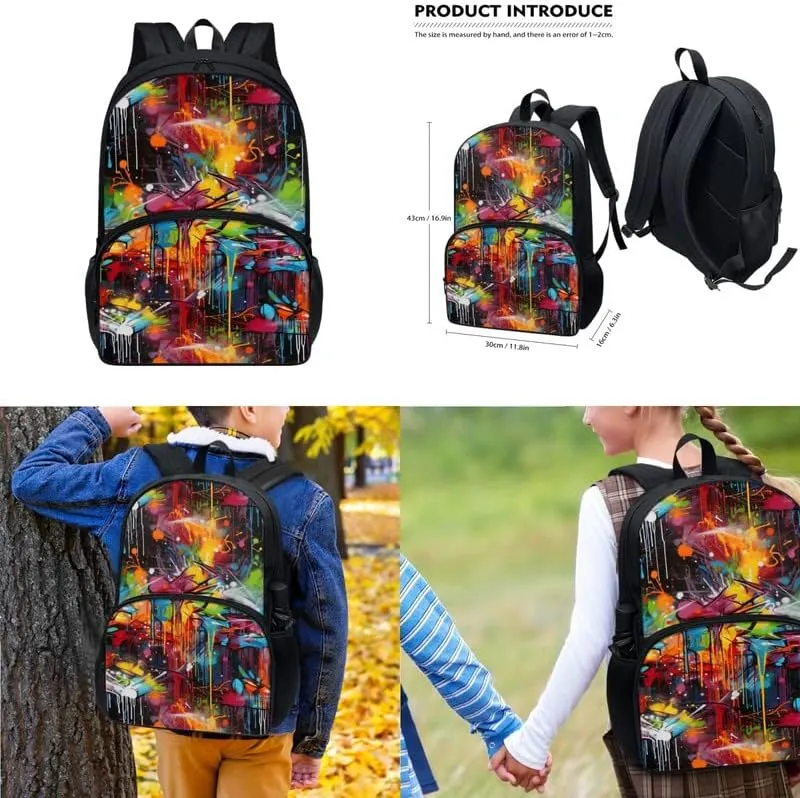 Splashing Graffiti 3 Pieces Backpack Sets 17 In Youth Schoolbag Blue Red Green Lunch Box Funky Artistic Painting Pen Bag Suitable Junior, Intermediate, Senior Students