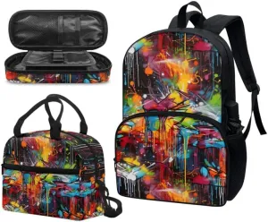 Splashing Graffiti 3 Pieces Backpack Sets 17 In Youth Schoolbag Blue Red Green Lunch Box Funky Artistic Painting Pen Bag Suitable Junior, Intermediate, Senior Students