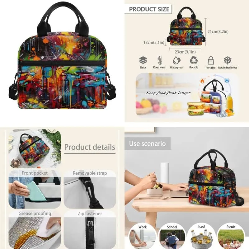 Splashing Graffiti 3 Pieces Backpack Sets 17 In Youth Schoolbag Blue Red Green Lunch Box Funky Artistic Painting Pen Bag Suitable Junior, Intermediate, Senior Students