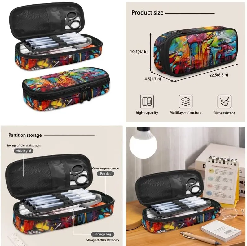 Splashing Graffiti 3 Pieces Backpack Sets 17 In Youth Schoolbag Blue Red Green Lunch Box Funky Artistic Painting Pen Bag Suitable Junior, Intermediate, Senior Students