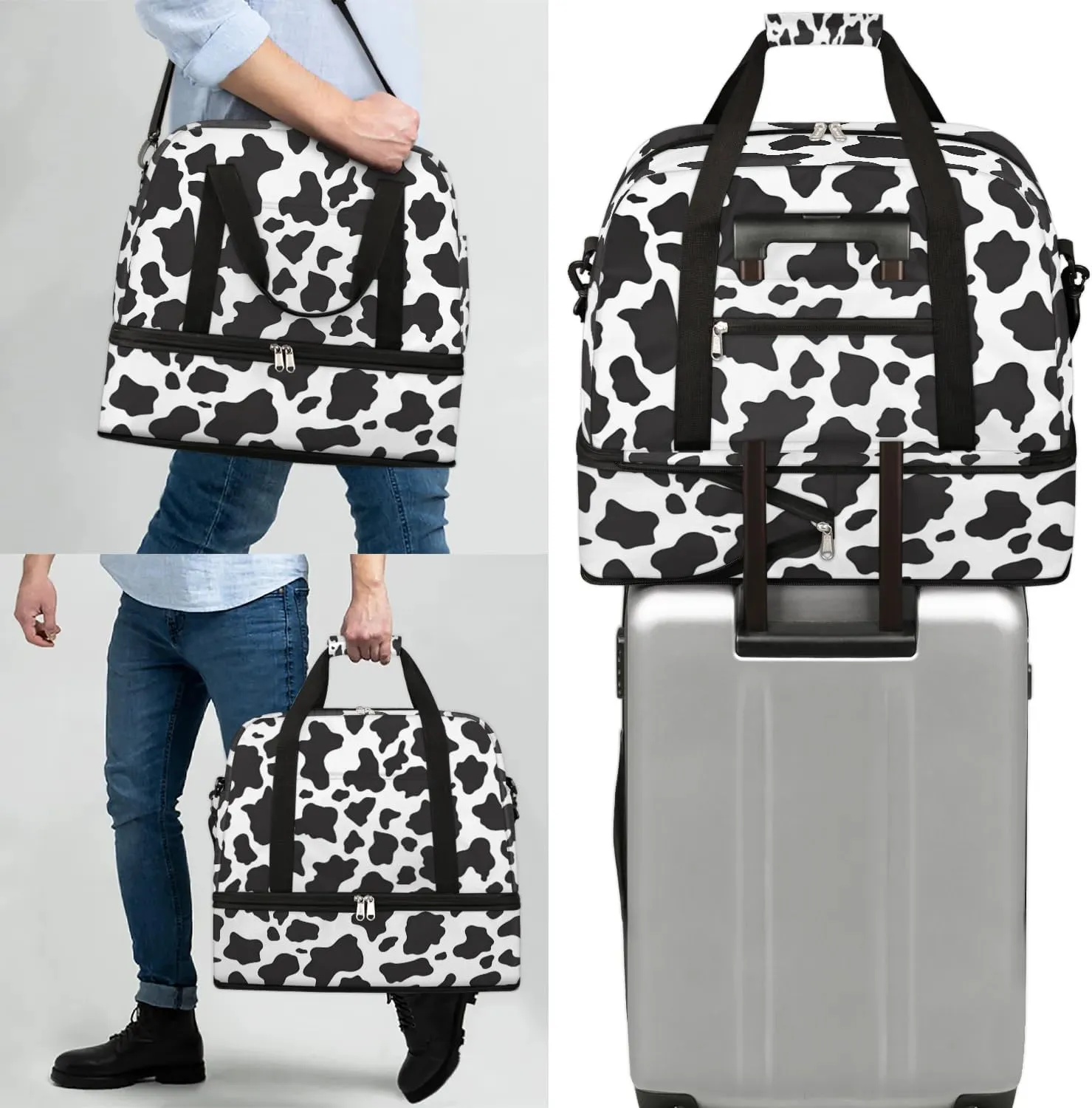 Sports Duffel Bag, Foldable Cow Print Travel Duffel Bag, Gym Yoga Beach Bag Weekender Overnight Bag with Shoes Compartment for Men Women, Animal Fur