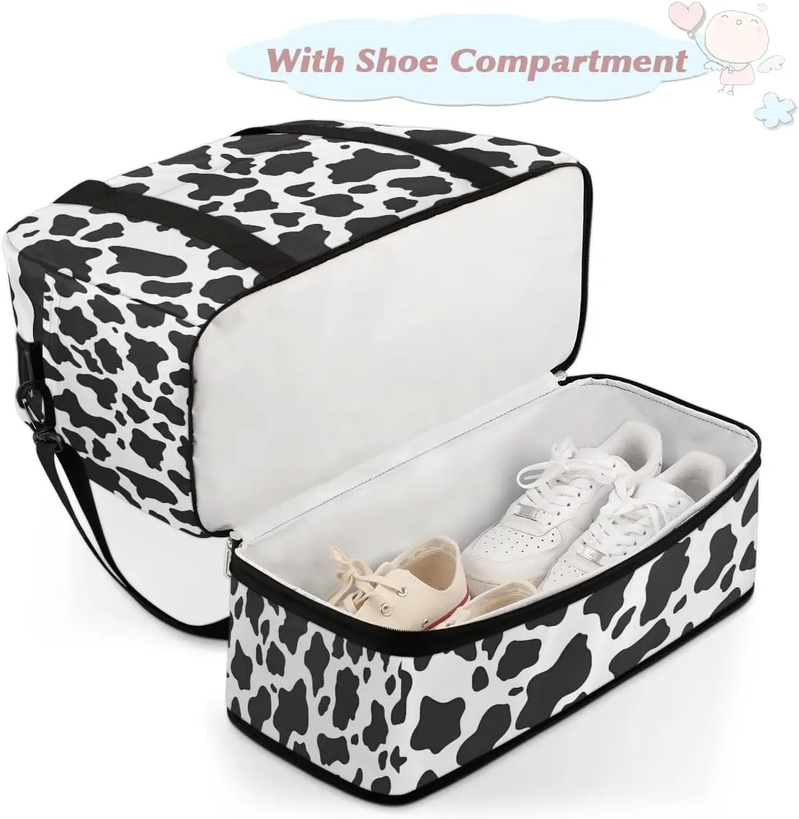 Sports Duffel Bag, Foldable Cow Print Travel Duffel Bag, Gym Yoga Beach Bag Weekender Overnight Bag with Shoes Compartment for Men Women, Animal Fur
