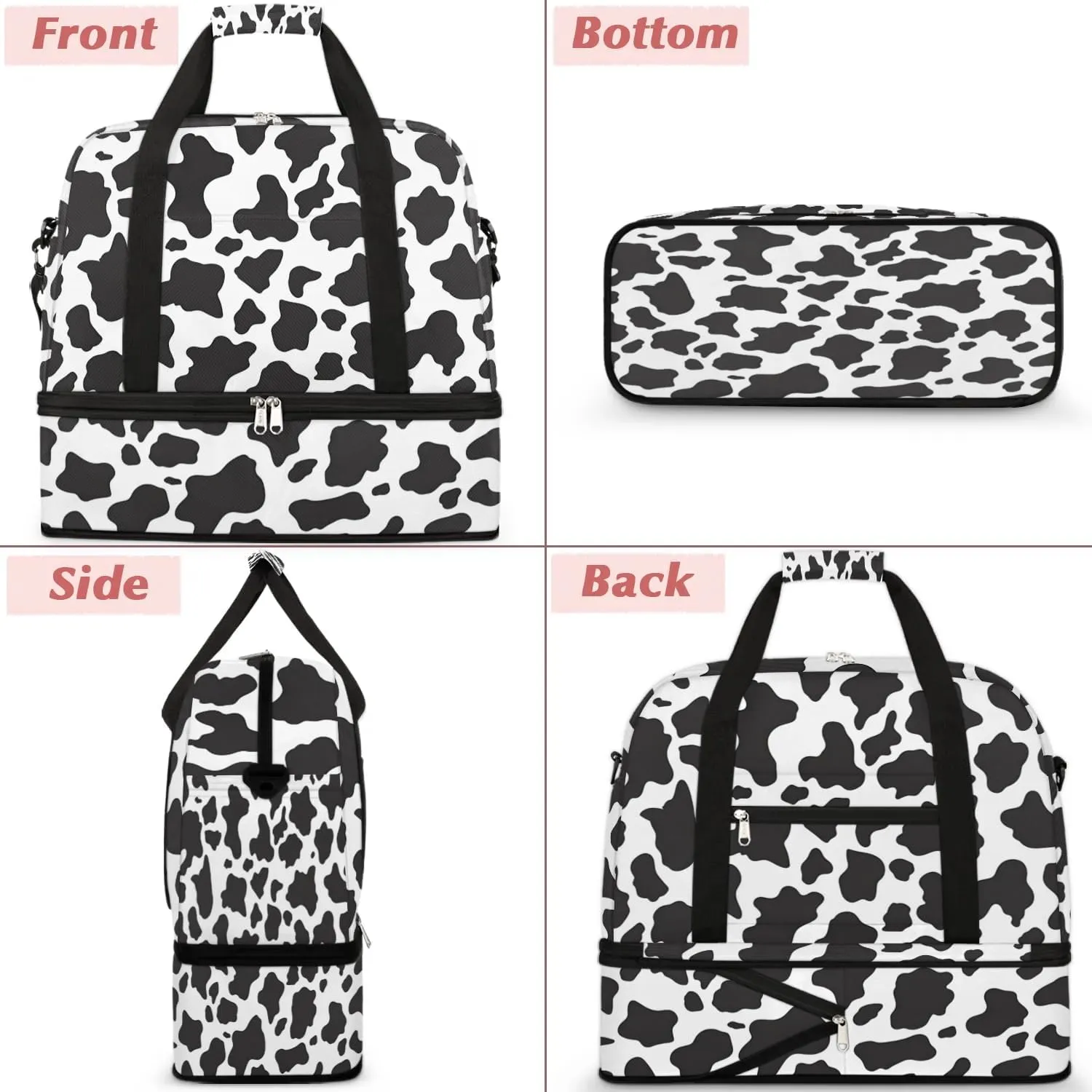 Sports Duffel Bag, Foldable Cow Print Travel Duffel Bag, Gym Yoga Beach Bag Weekender Overnight Bag with Shoes Compartment for Men Women, Animal Fur
