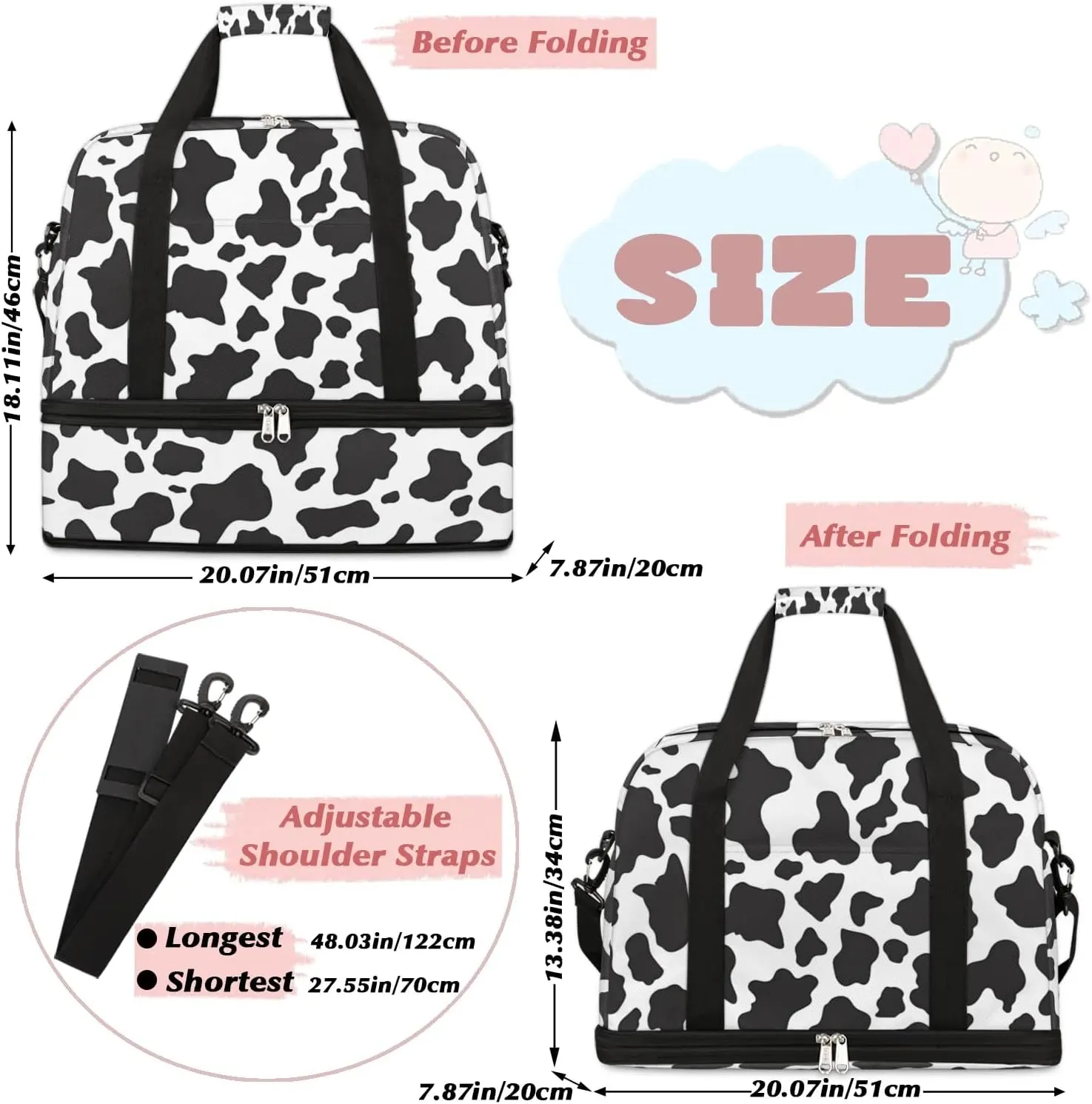 Sports Duffel Bag, Foldable Cow Print Travel Duffel Bag, Gym Yoga Beach Bag Weekender Overnight Bag with Shoes Compartment for Men Women, Animal Fur
