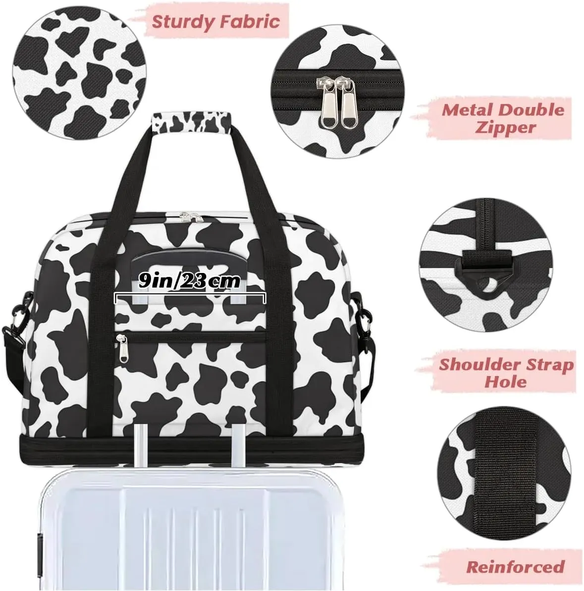 Sports Duffel Bag, Foldable Cow Print Travel Duffel Bag, Gym Yoga Beach Bag Weekender Overnight Bag with Shoes Compartment for Men Women, Animal Fur