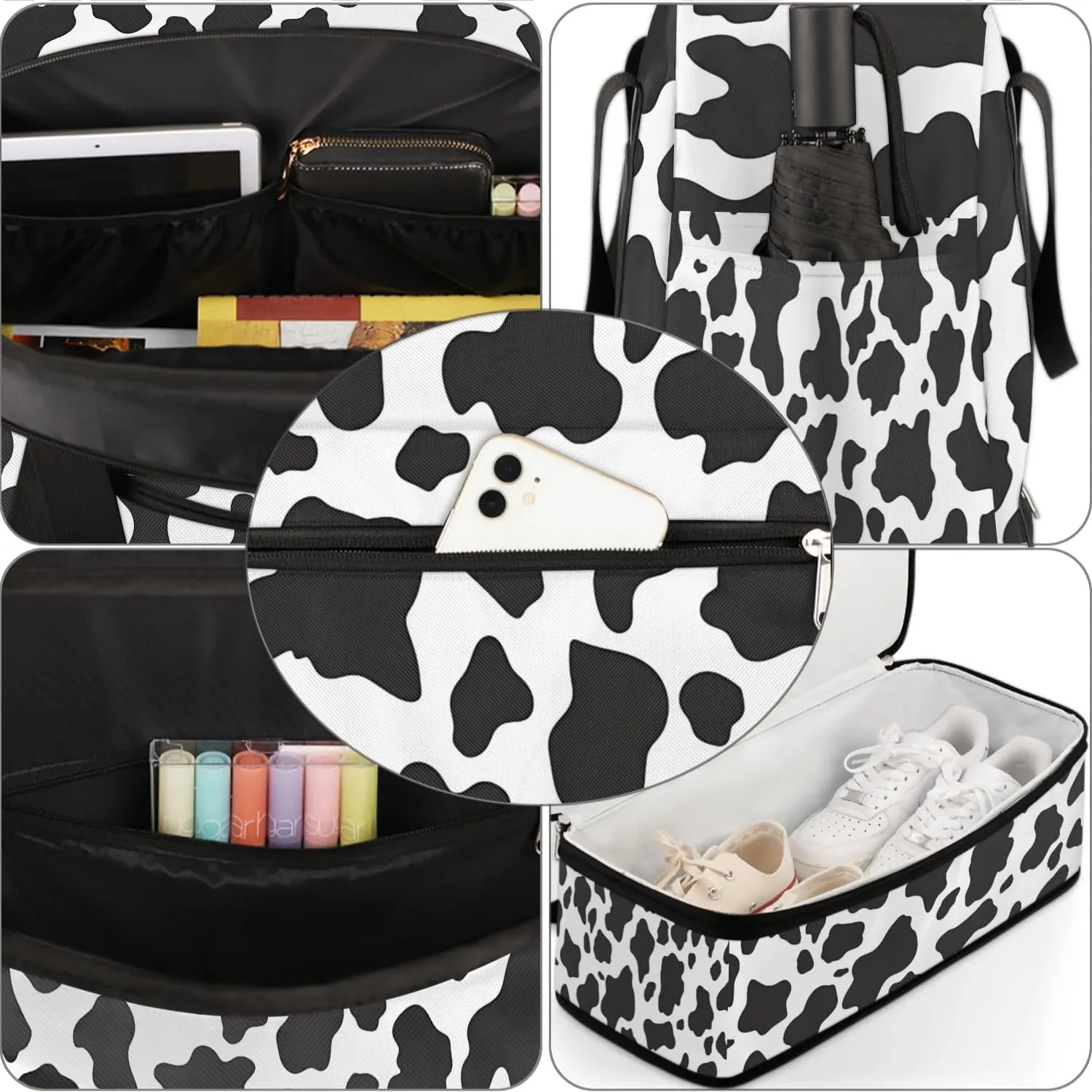 Sports Duffel Bag, Foldable Cow Print Travel Duffel Bag, Gym Yoga Beach Bag Weekender Overnight Bag with Shoes Compartment for Men Women, Animal Fur