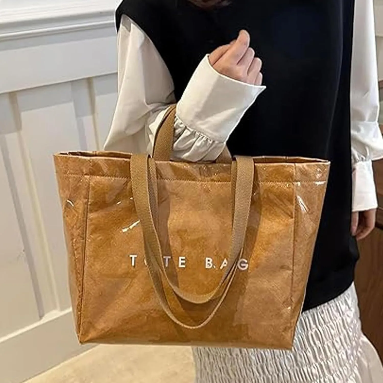 Stellaya Womens Letters Print Tote Bag, Stellaya Tote Bag, PVC Large Kraft Paper Tote Bag for Women