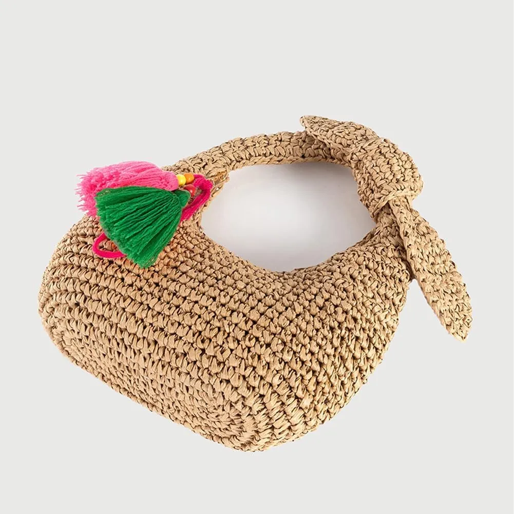 Straw Clutch Purse with Bow Top Handle Bag Summer Straw Handbag Beach Woven Evening Bag for Parties Wedding Travel