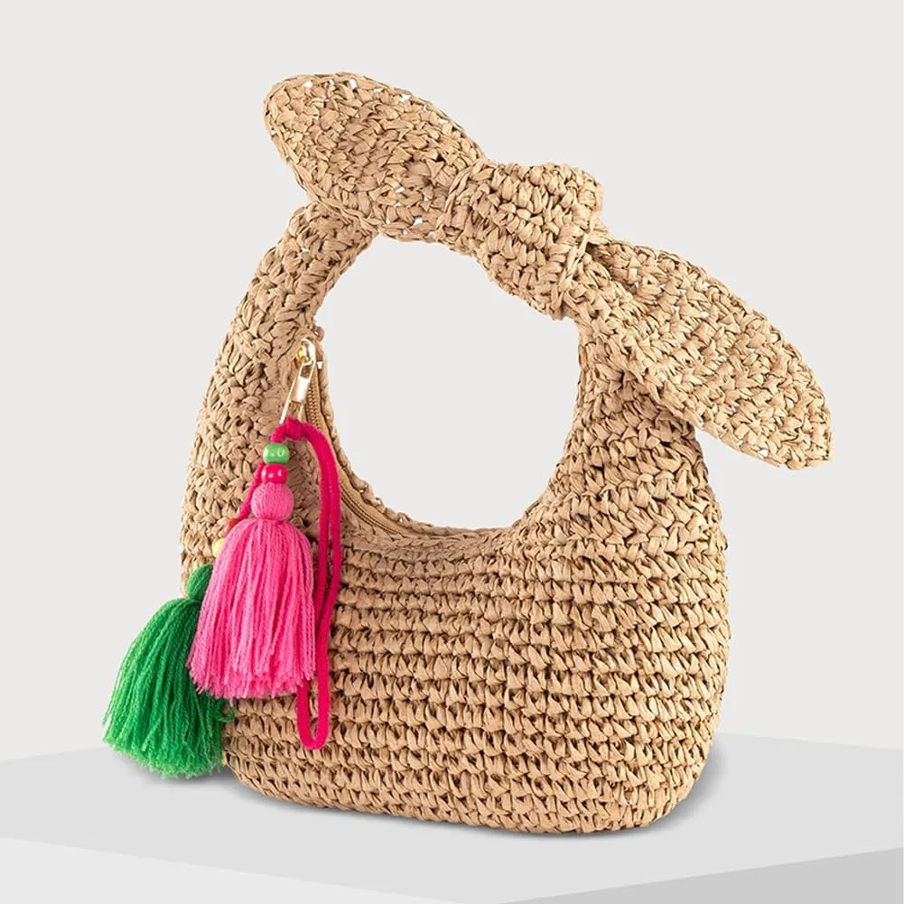 Straw Clutch Purse with Bow Top Handle Bag Summer Straw Handbag Beach Woven Evening Bag for Parties Wedding Travel